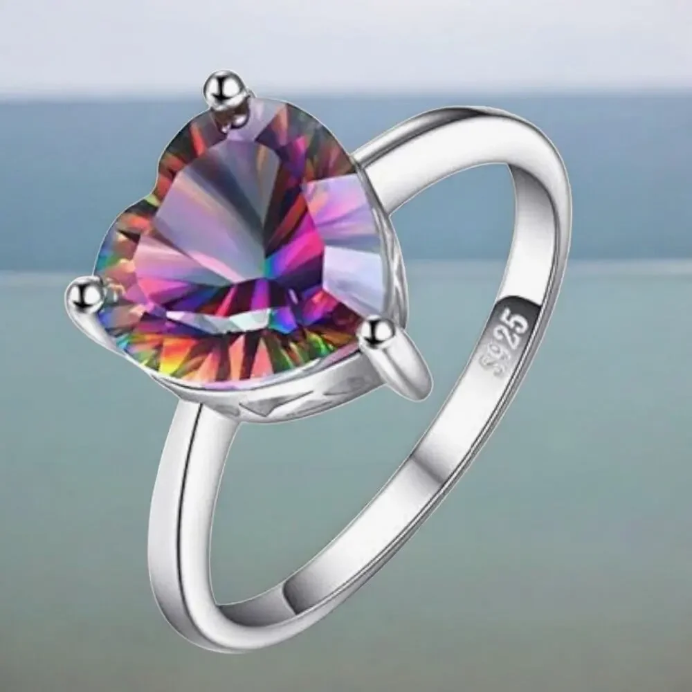 925 Sterling Silver Heart Rainbow Crystal Ring Size 9 Platinum Plated New
